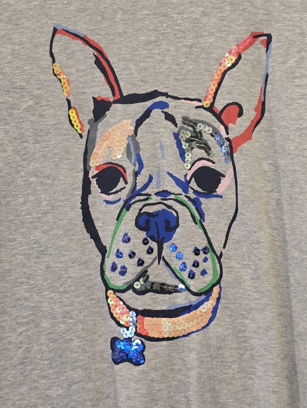 Rafaella Gray Tee with Multicolor Sequin French Bulldog Graphic